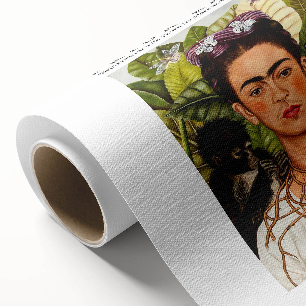 Art Deco-style poster of Frida Kahlo in muted pastel tones on rolled canvas, suitable for nursery wall art.