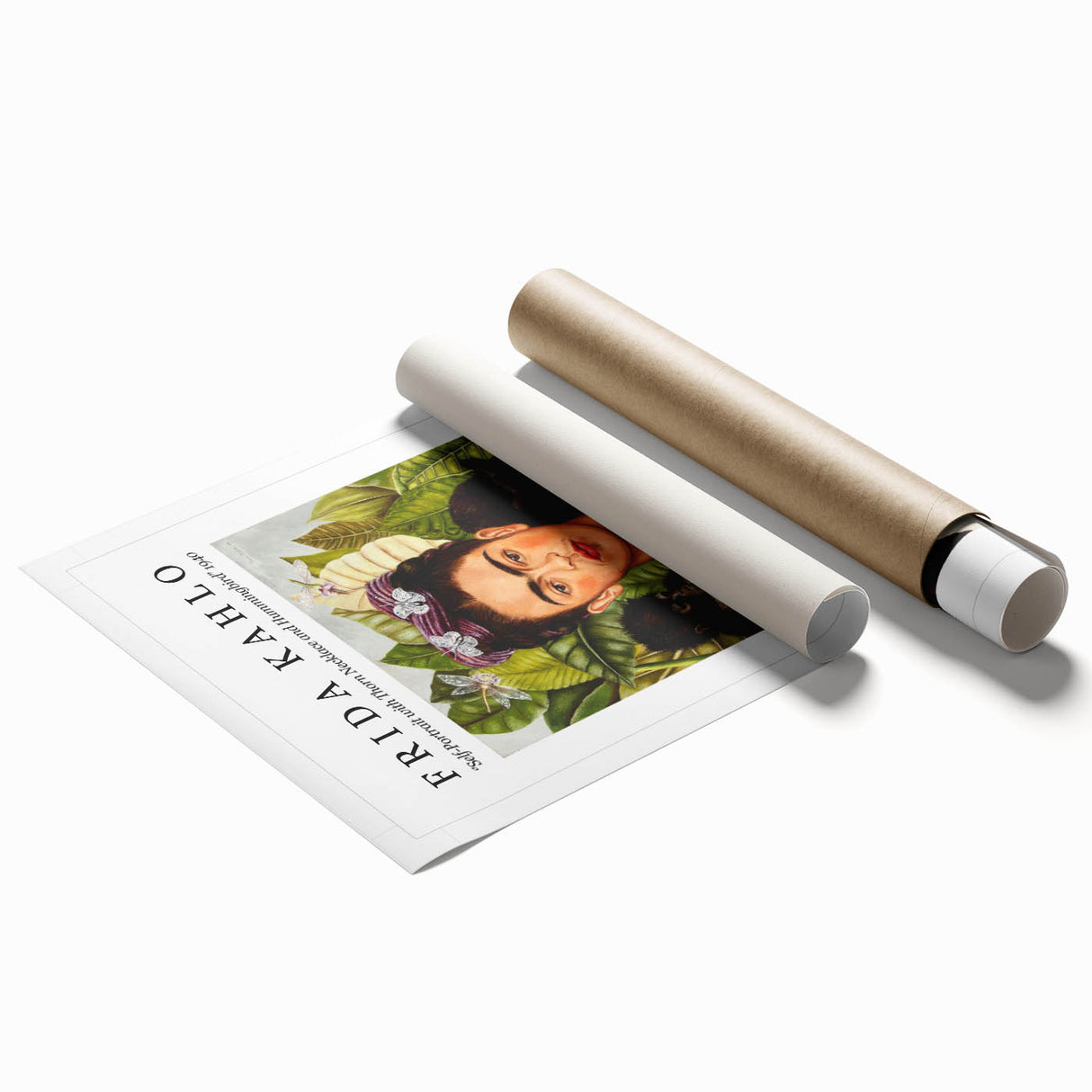 Extra large rolled print of Frida Kahlo with vibrant floral elements, ideal for classy bathroom wall art.