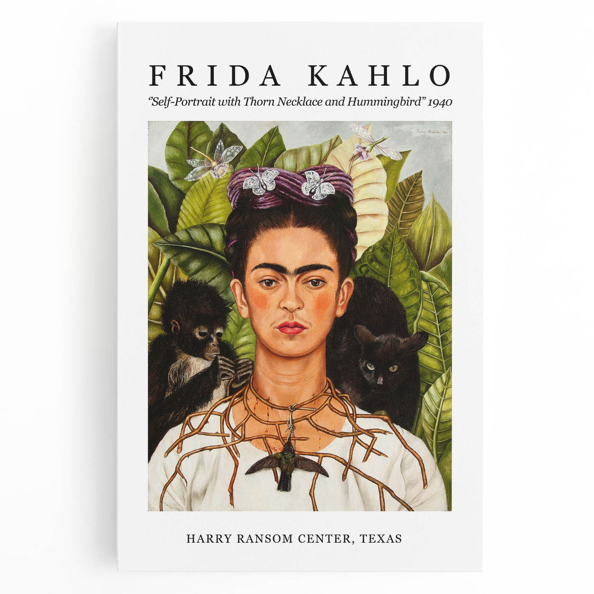 Black and white portrait of Frida Kahlo on stretched canvas, ideal for kitchen wall art.