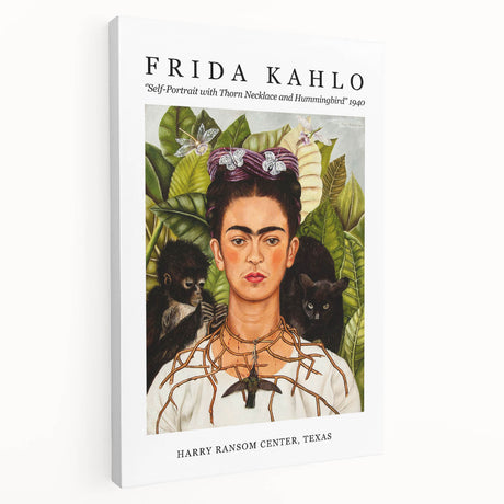 Contemporary Frida Kahlo portrait on stretched canvas, with vibrant red and blue tones, ideal for kitchen wall art.