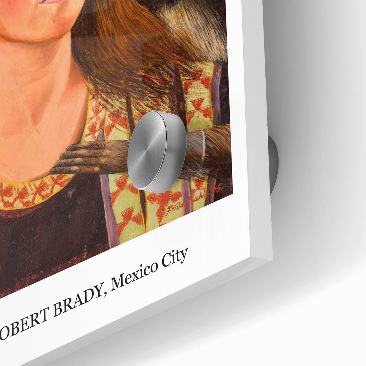 Mid-century modernist Frida Kahlo portrait in muted colors on acrylic glass, ideal for dining room art.