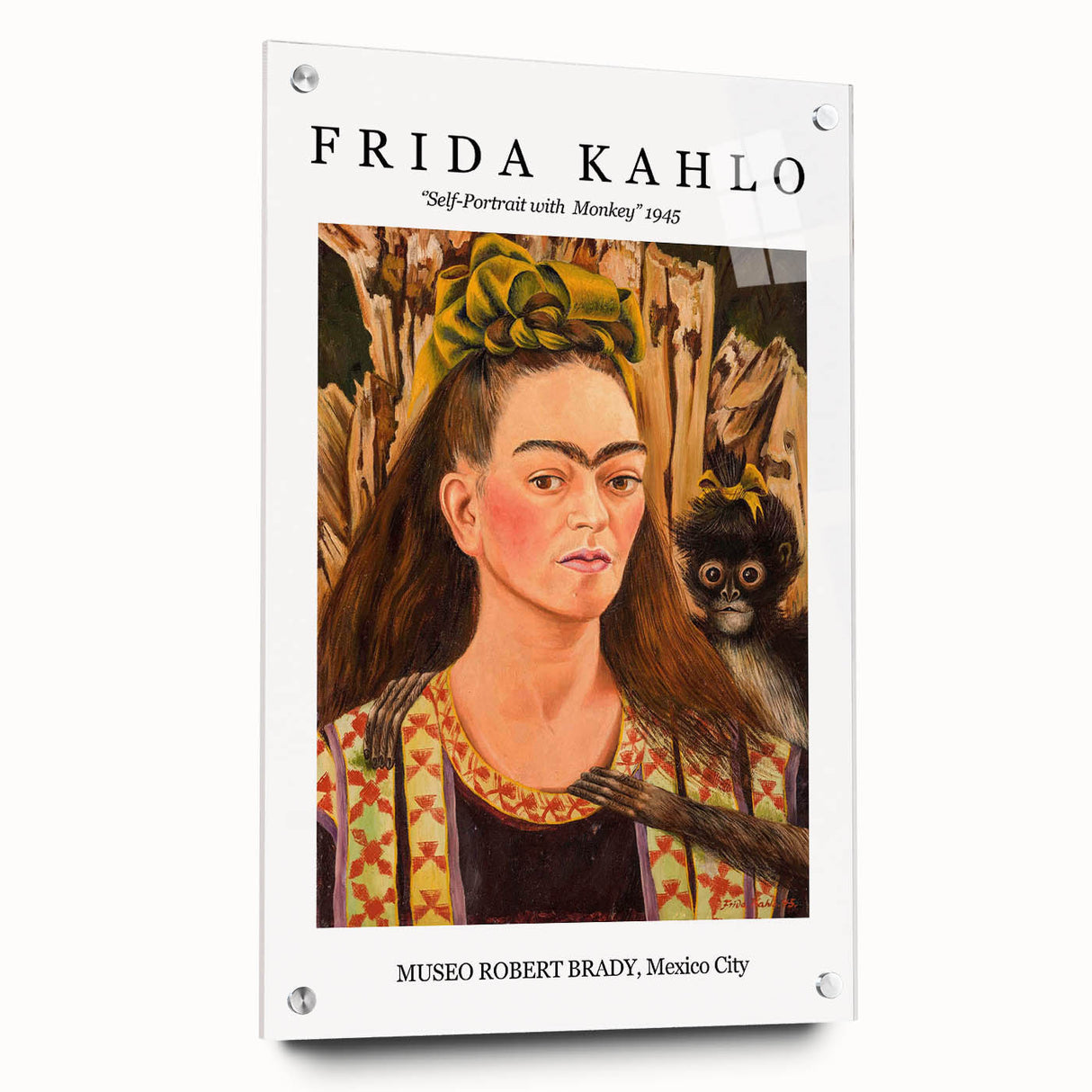 Acrylic print of Frida Kahlo in abstract style with vibrant colors, ideal for dining room art.
