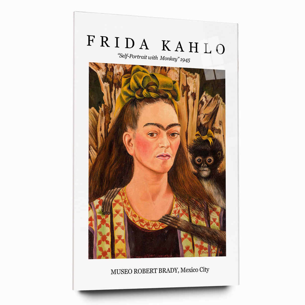 Acrylic print of a large abstract depiction of Frida Kahlo in multicolored tones, ideal for bedroom or dining room art.
