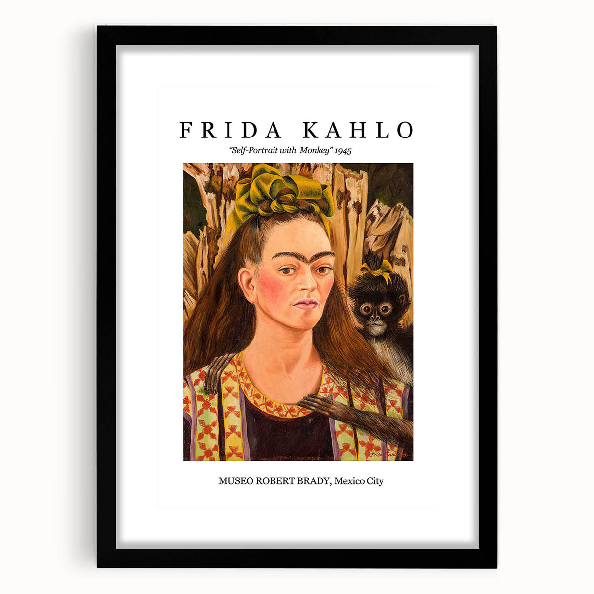 Extra large abstract art print of Frida Kahlo with vibrant, textured colors on black framed canvas.