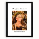 Extra large abstract art print of Frida Kahlo with vibrant, textured colors on black framed canvas.