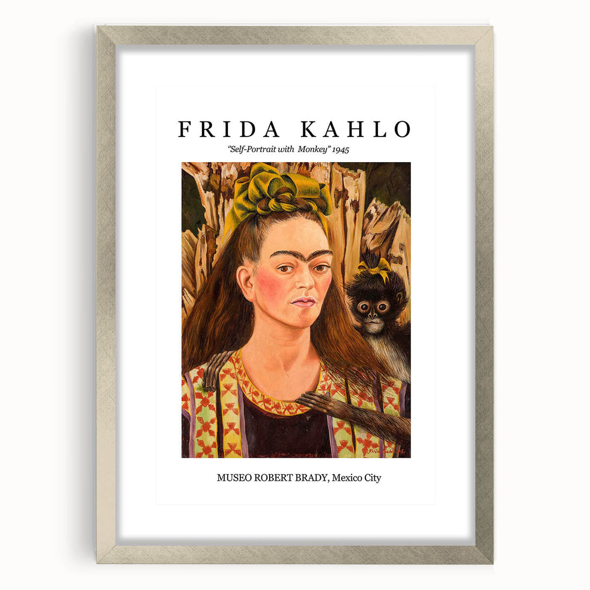 Textured abstract art print of Frida Kahlo in muted colors on a framed canvas, suitable for bedroom decor.