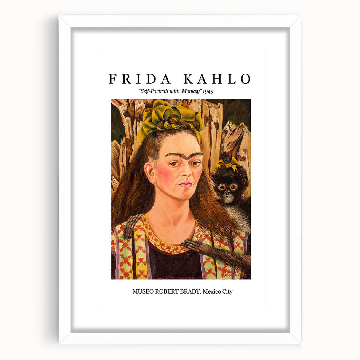 Abstract art print of Frida Kahlo in monochrome, framed in white, suitable for bedroom or dining room decor.