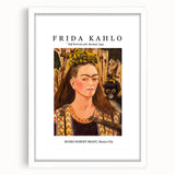 Abstract art print of Frida Kahlo in monochrome, framed in white, suitable for bedroom or dining room decor.