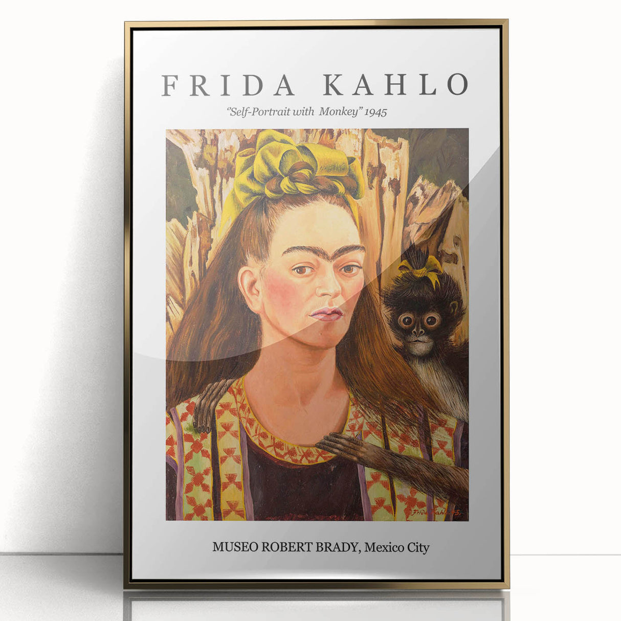 Framed acrylic print of Frida Kahlo in mid-century modernist style with gold accents, suitable for nursery wall art.