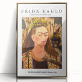Framed acrylic print of Frida Kahlo in mid-century modernist style with gold accents, suitable for nursery wall art.