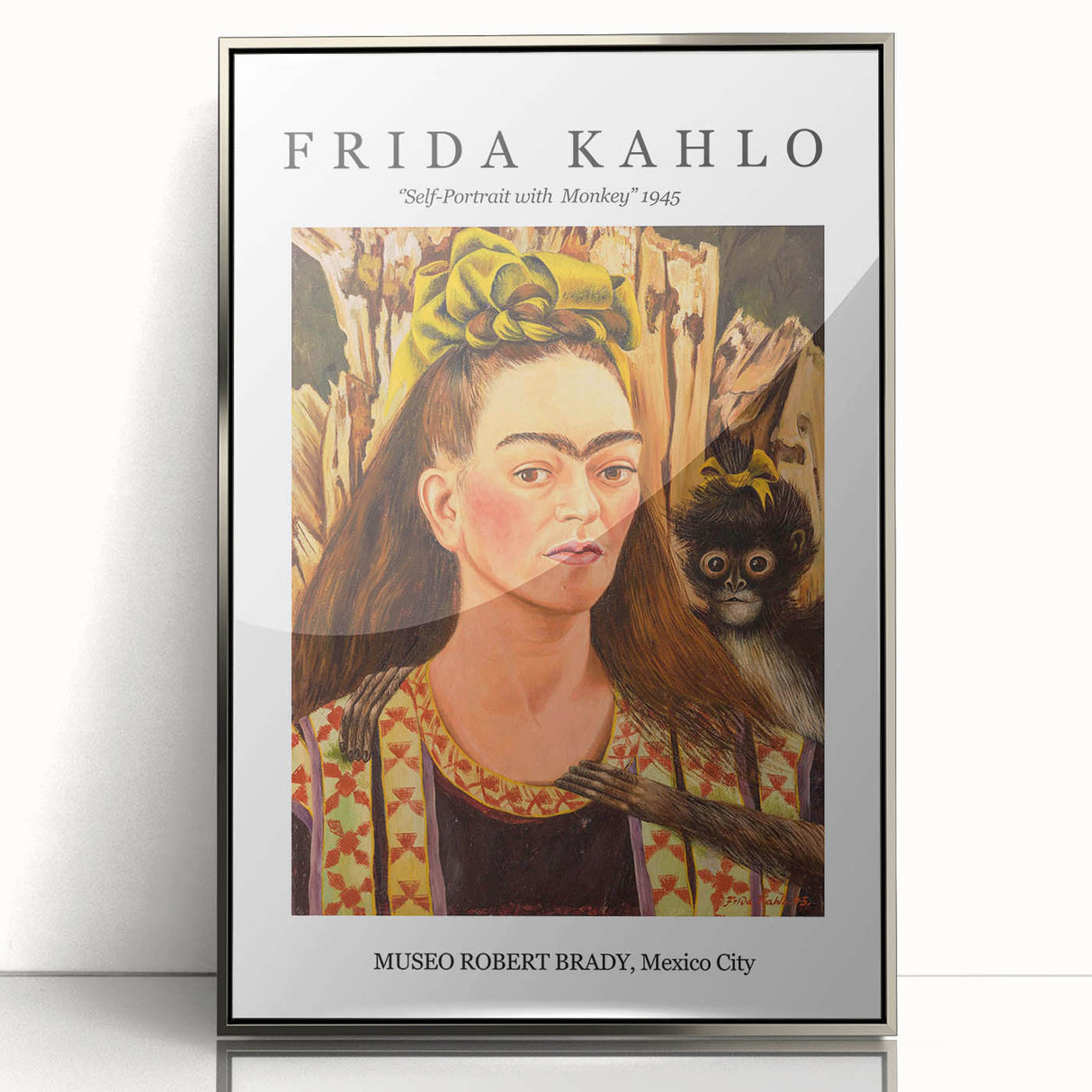 Acrylic print of Frida Kahlo in mid-century modernist style with silver frame, ideal for nursery wall art.