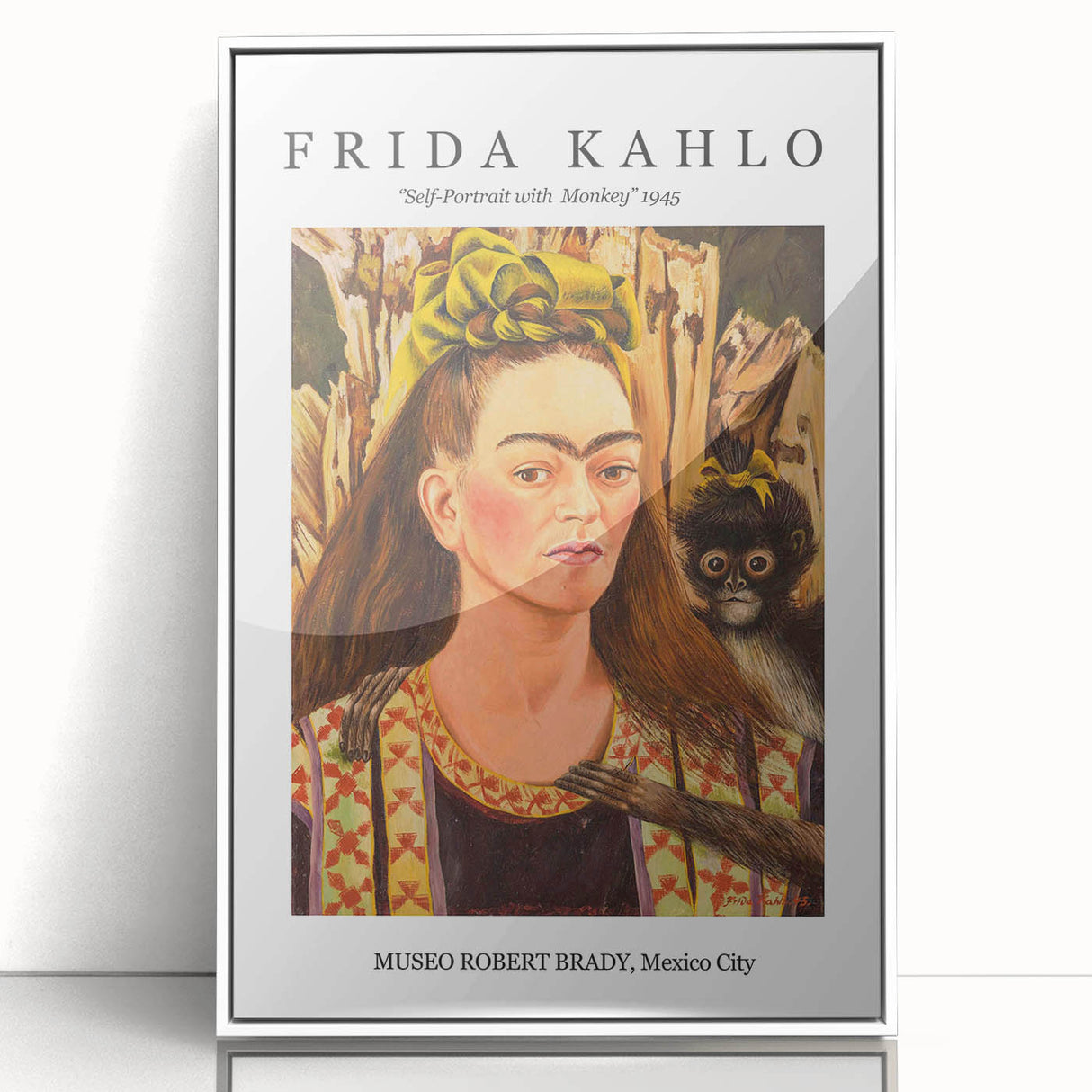 Modern art wall decor featuring a contemporary Frida Kahlo design in muted colors, acrylic framed.