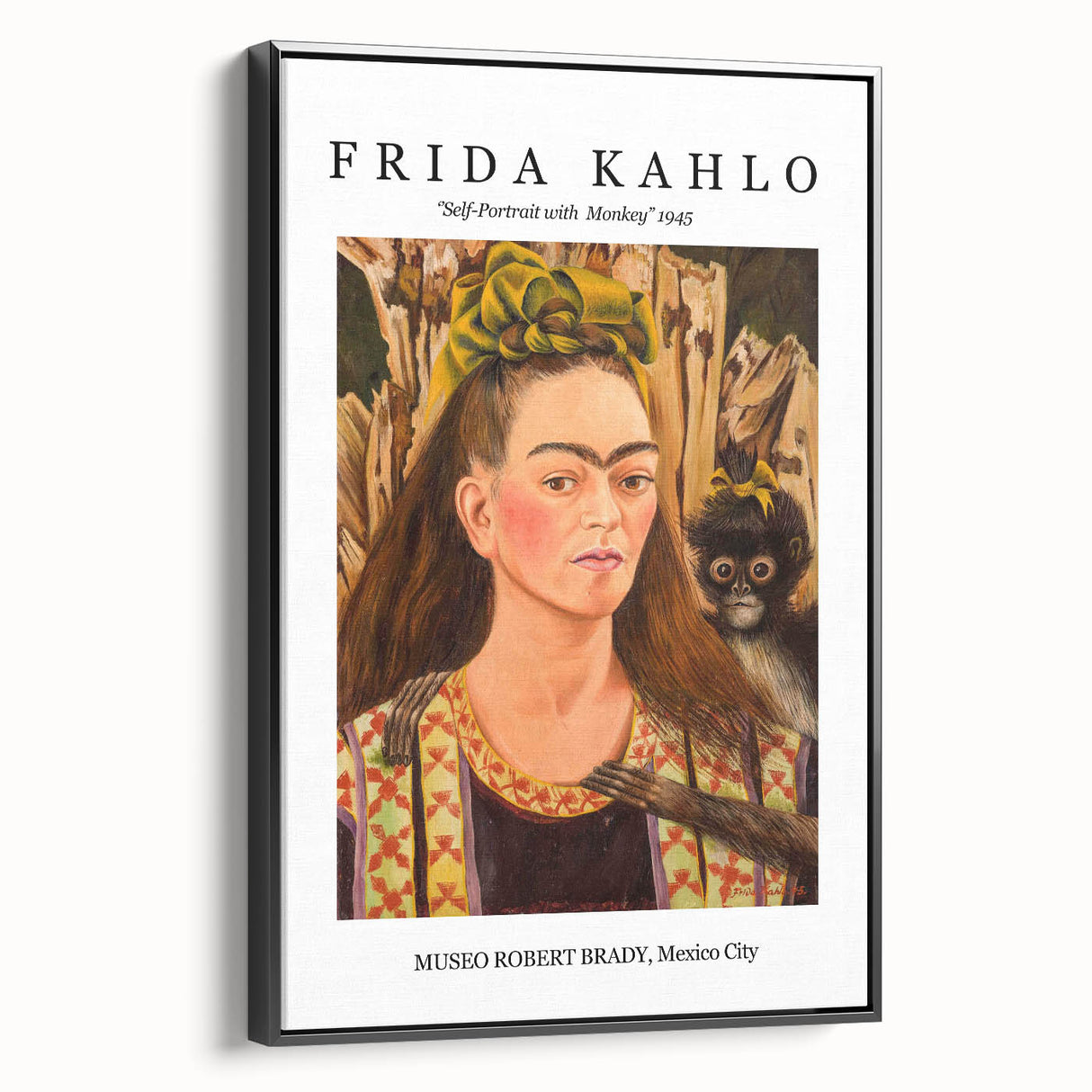 Black and white framed canvas featuring a modern depiction of Frida Kahlo, ideal for bedroom wall art.