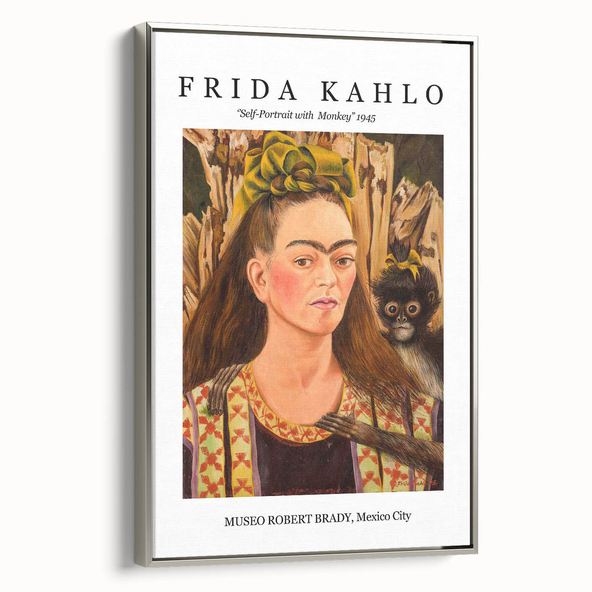 Framed canvas of a colorful Frida Kahlo portrait in avant-garde style, ideal for adding a vibrant touch to any room.