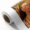 Art deco style poster of Frida Kahlo, featuring pastel shades on a rolled canvas, ideal for nursery wall art.