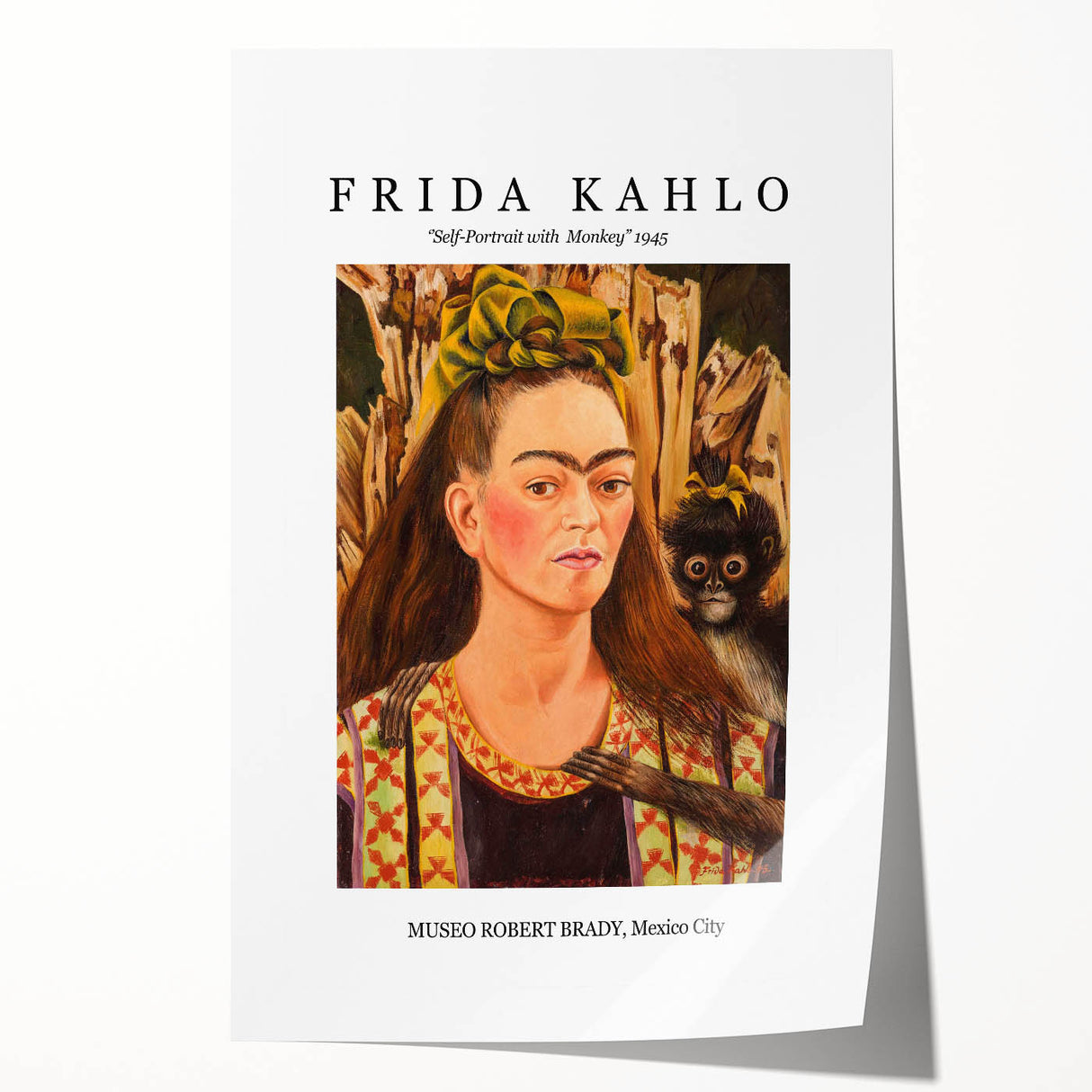 Rolled print of Frida Kahlo in avant-garde style with vivid floral accents, suitable for art wall dining room.