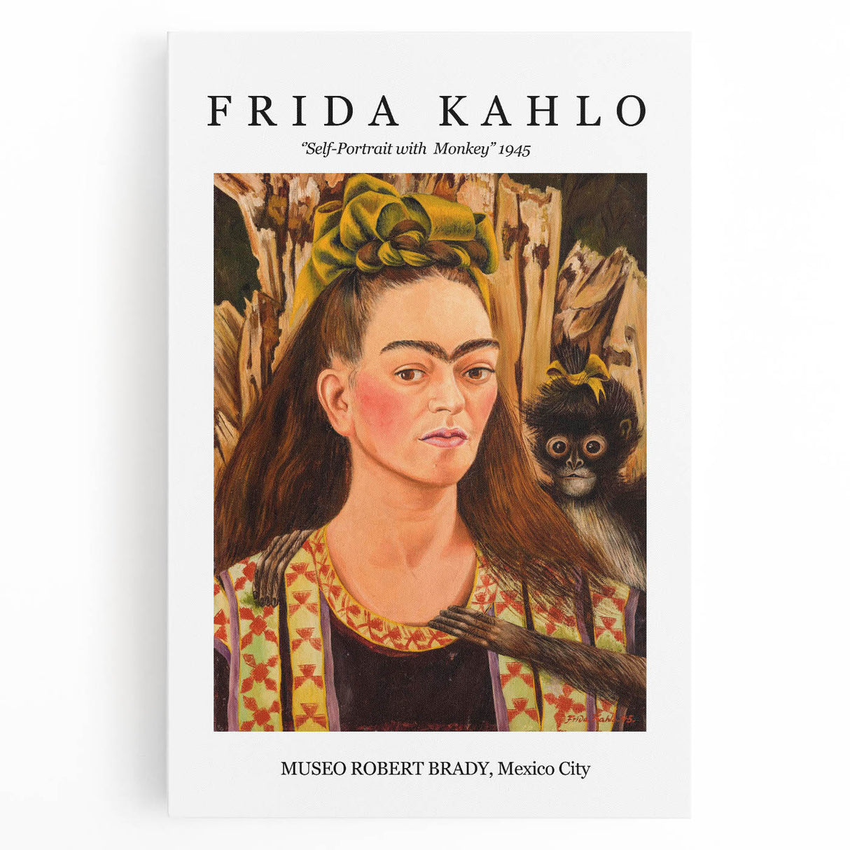 Black and white portrait of Frida Kahlo on stretched canvas, ideal for kitchen wall art.