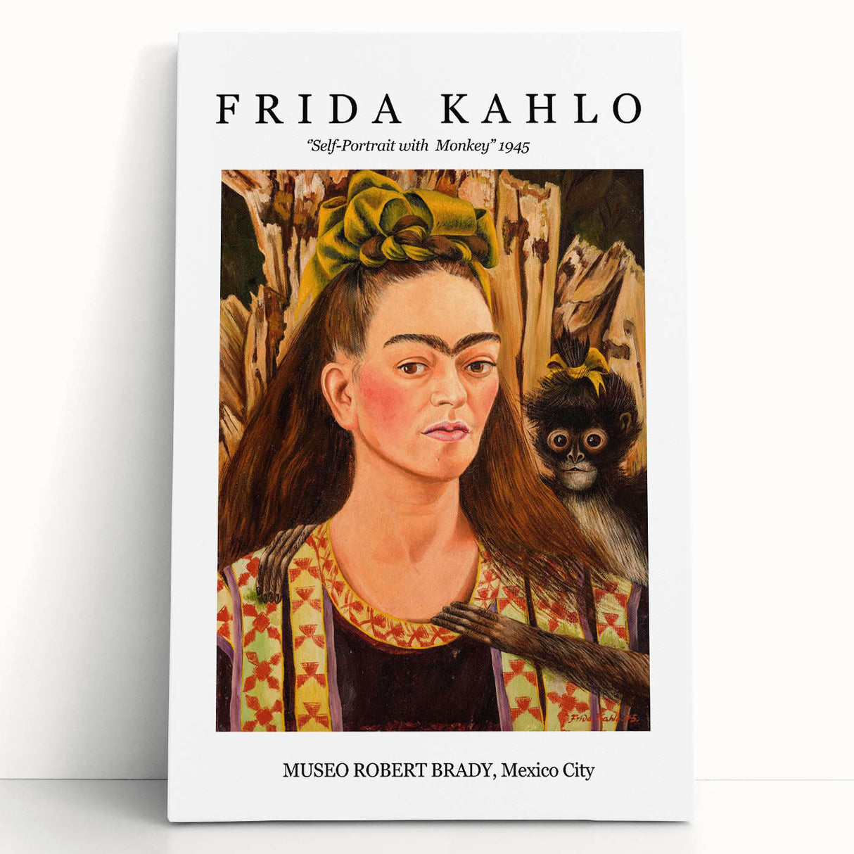 Black and white portrait of Frida Kahlo on large stretched canvas, suitable as kitchen wall art or for a bedroom.