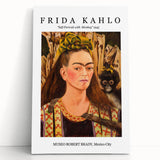 Black and white portrait of Frida Kahlo on large stretched canvas, suitable as kitchen wall art or for a bedroom.