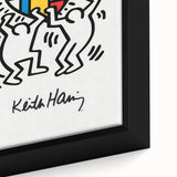 Framed canvas depicting a black wall art piece with colorful, textured Keith Haring design, ideal for living room decor.