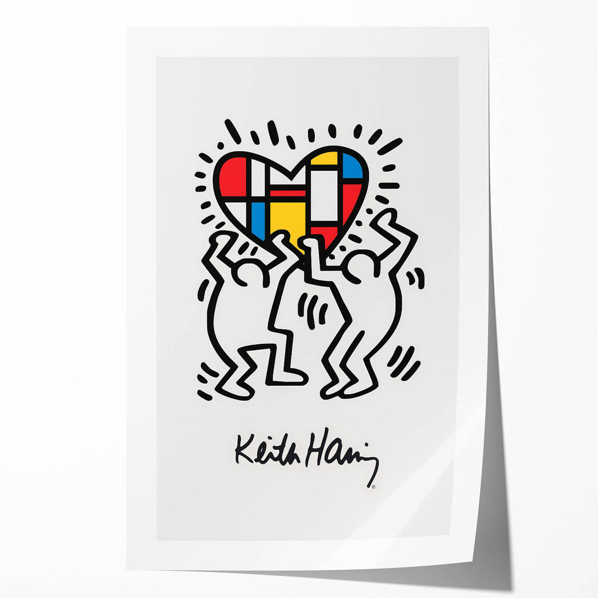 Keith Haring-inspired print on rolled canvas featuring bold black lines and vibrant colors, suited for art wall dining room.