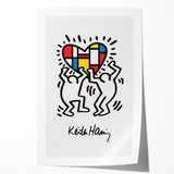 Keith Haring-inspired print on rolled canvas featuring bold black lines and vibrant colors, suited for art wall dining room.