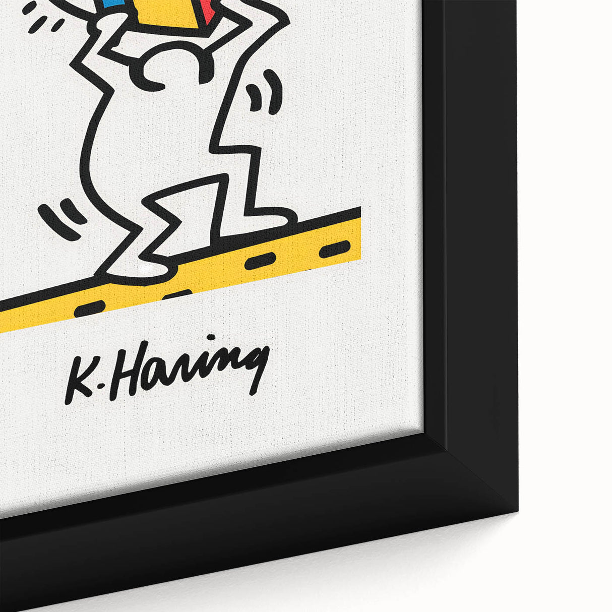 Extra large framed canvas featuring a black background with colorful, textured Keith Haring-inspired figures.