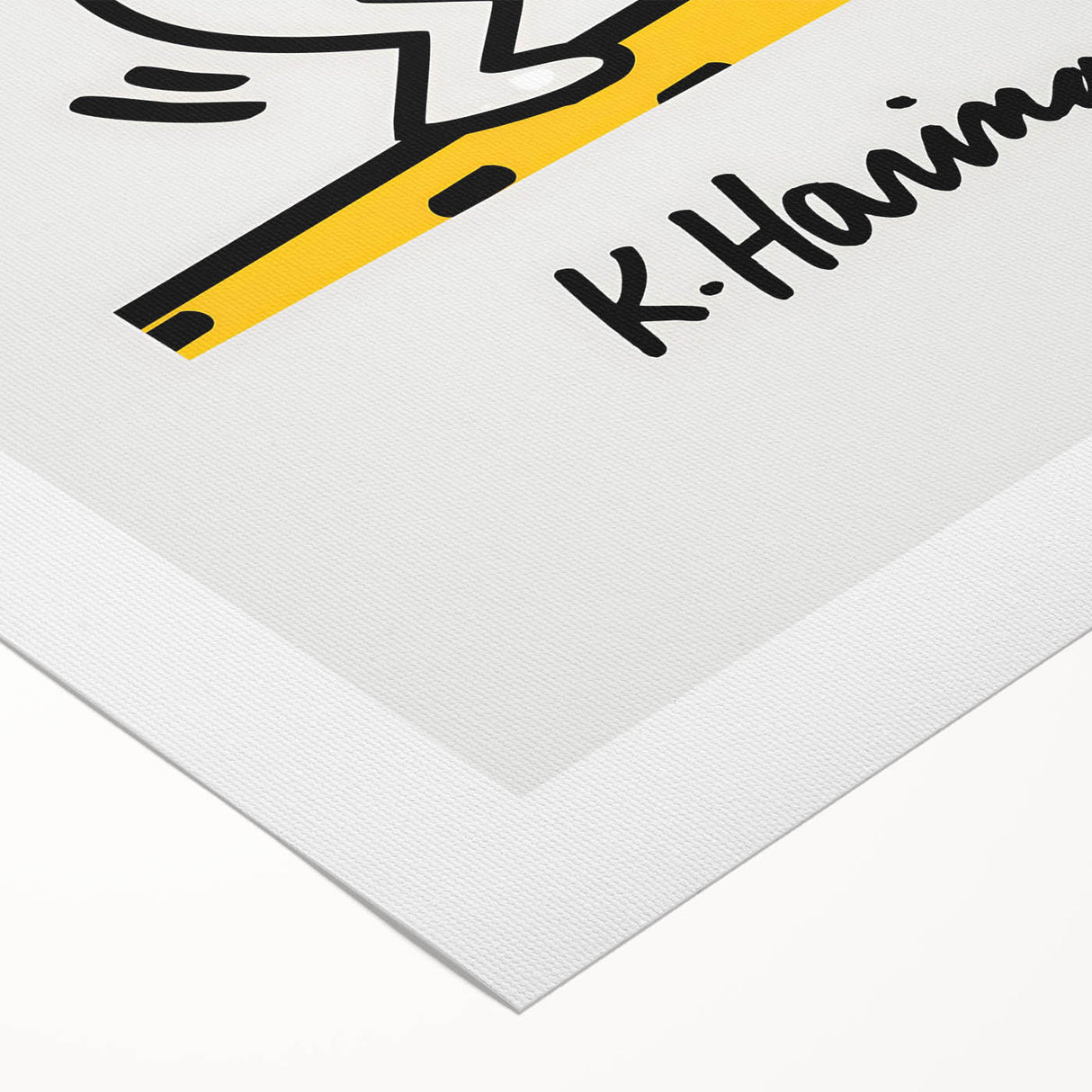 Art deco poster featuring a dynamic Keith Haring design in black and white on a rolled canvas.
