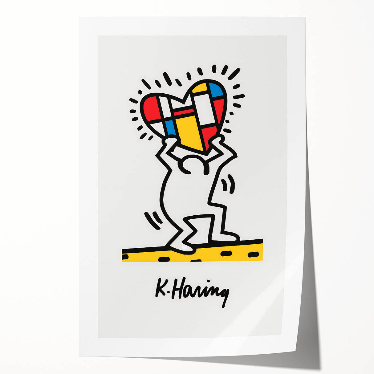 Keith Haring-inspired wall art featuring bold, black line figures on white background, rolled print.