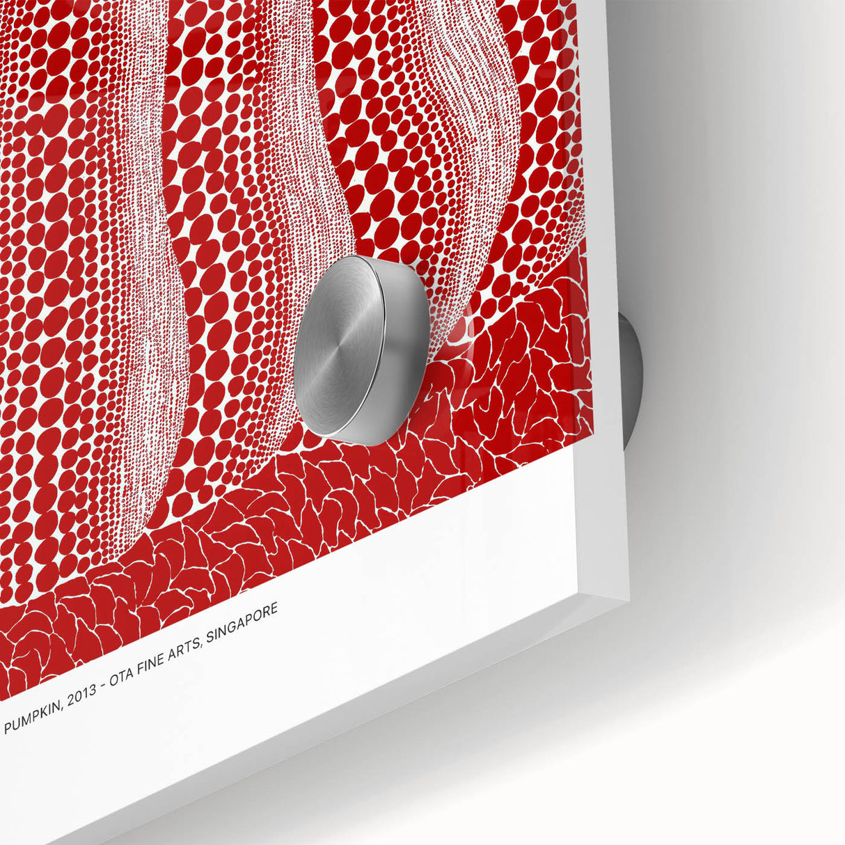 Large abstract wall art in vibrant red and white, mid-century modernist style on acrylic glass, ideal for dining room decor.