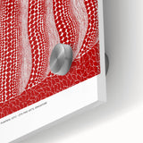 Large abstract wall art in vibrant red and white, mid-century modernist style on acrylic glass, ideal for dining room decor.