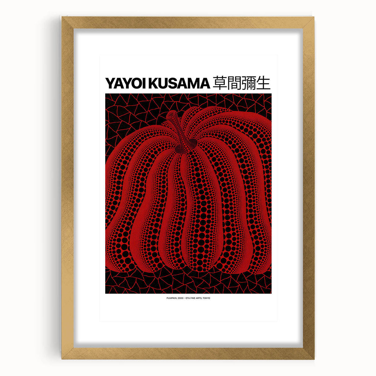 Extra large wall art featuring a textured abstract print with vibrant red and white polka dots on a gold-framed canvas.