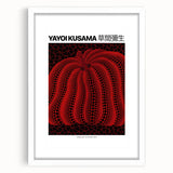 Abstract art print featuring polka dots and organic forms in vibrant colors on a white framed canvas.