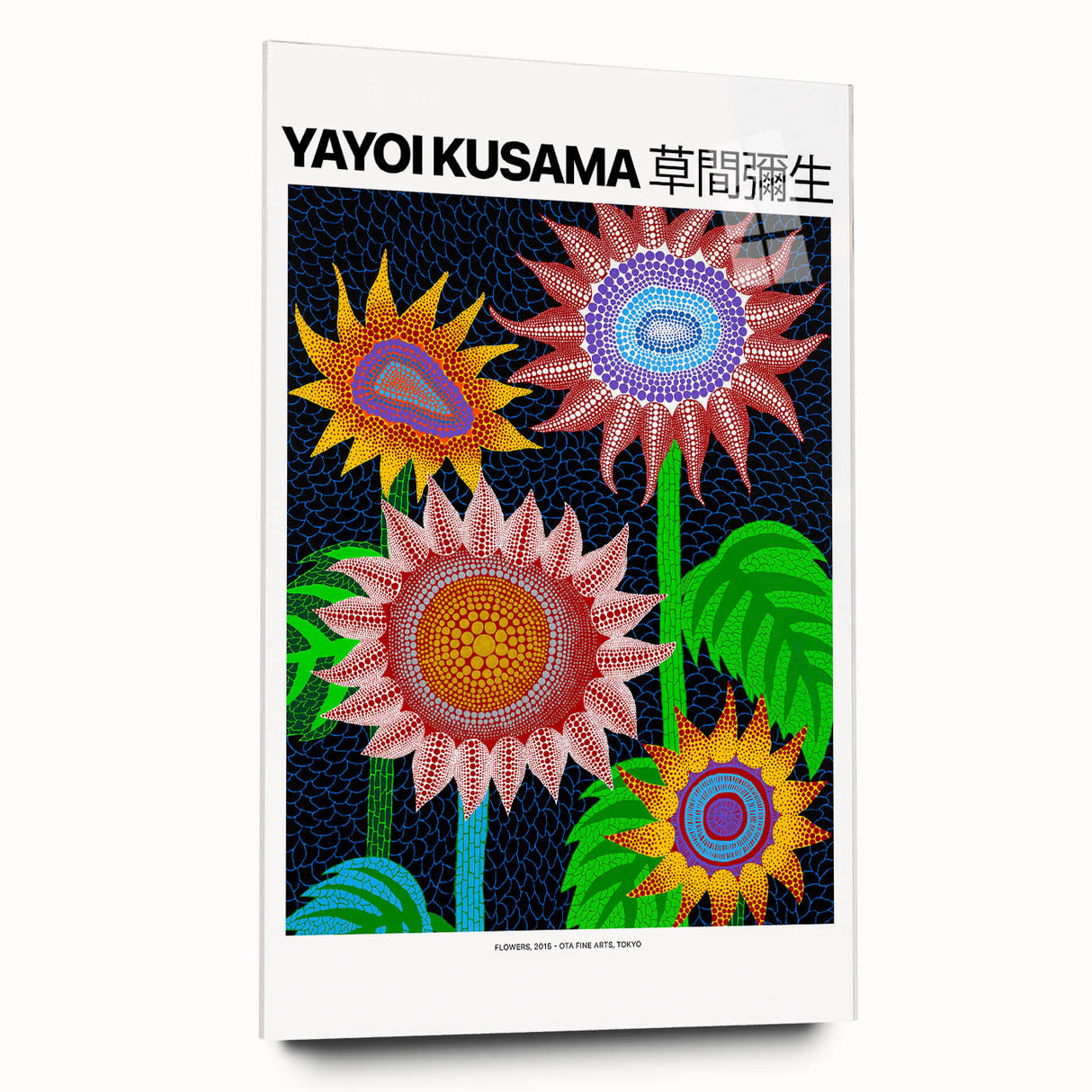 Large abstract wall art by Yayoi Kusama in vibrant colors on acrylic glass, ideal for bedroom or dining room decor.