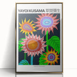 Large art print featuring a mid-century modernist Yayoi Kusama design in gold and black, framed acrylic.