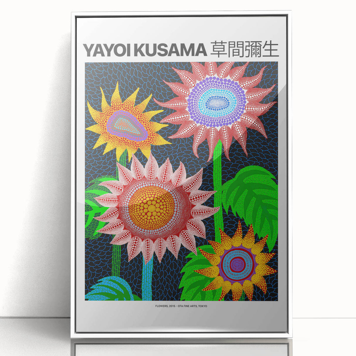 Modern art wall decor featuring a Yayoi Kusama-inspired abstract pattern in vibrant colors on a framed acrylic.