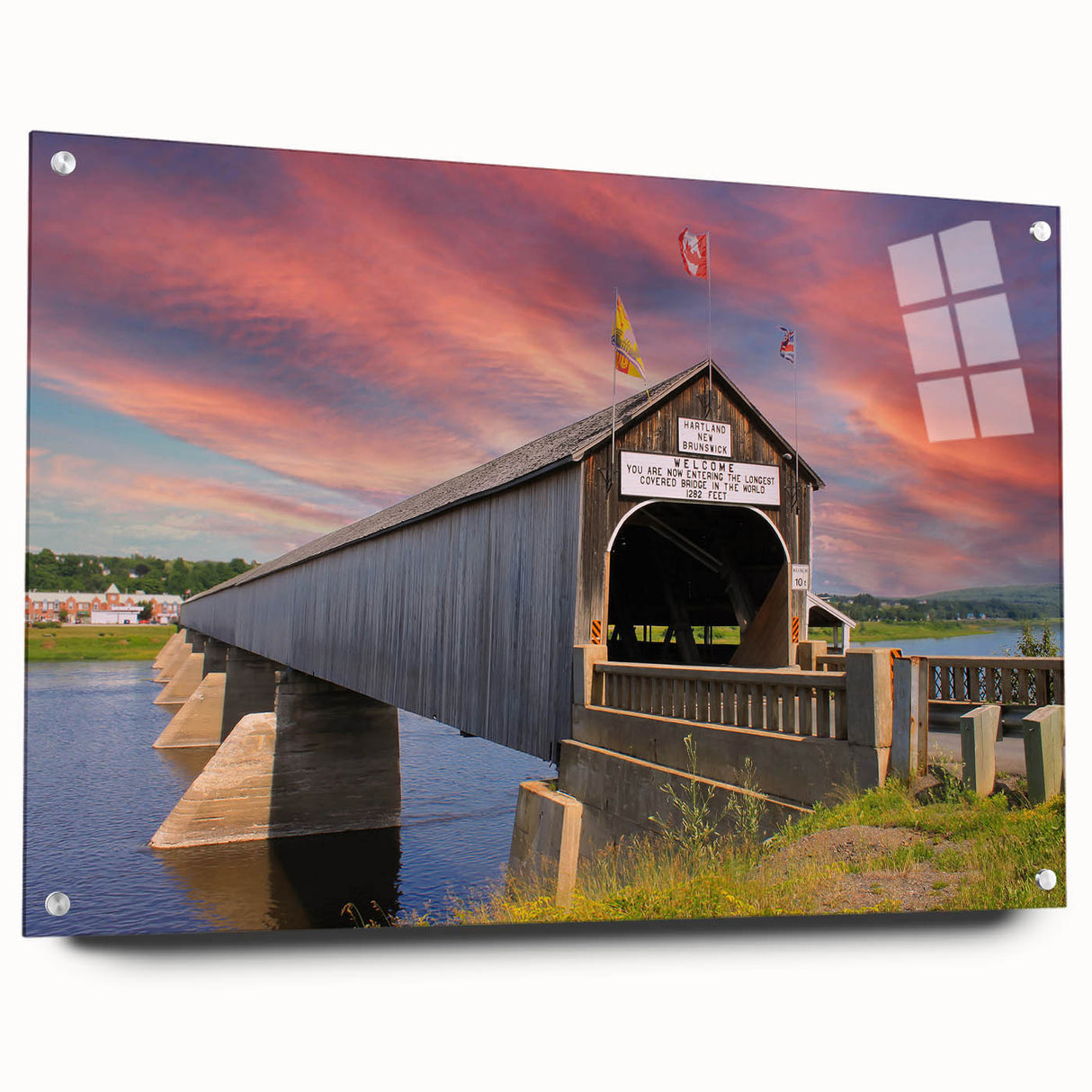 Acrylic print of a covered bridge in muted earth tones, ideal for dining room decor.
