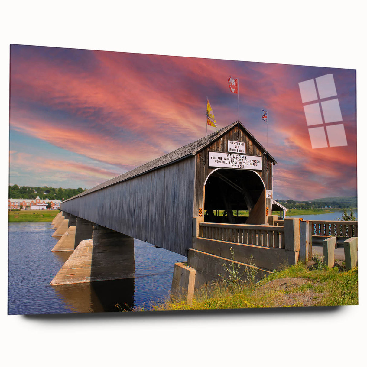 Acrylic print of a covered bridge in muted brown and green tones, ideal for bedroom or dining room art.
