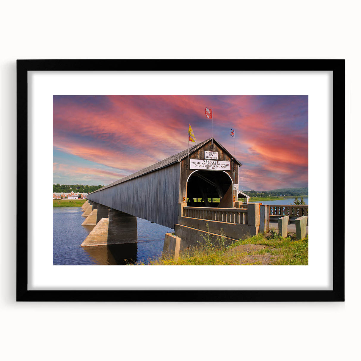 Abstract art print of a colorful, textured bridge on a large framed canvas, ideal for living room decor.