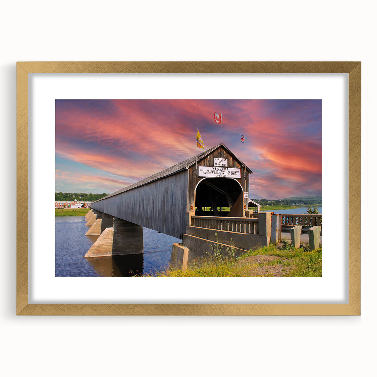 Extra large abstract art print of a textured bridge scene in muted earth tones on a framed canvas.