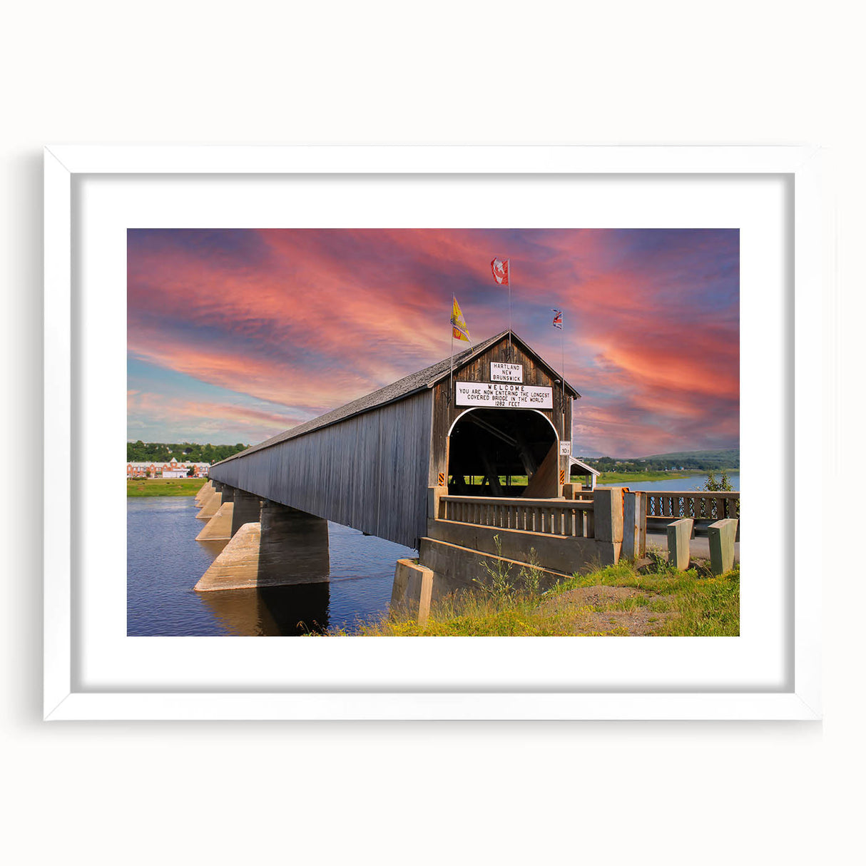 Abstract art print of a covered bridge in muted earth tones on a white framed canvas, suitable for dining room decor.