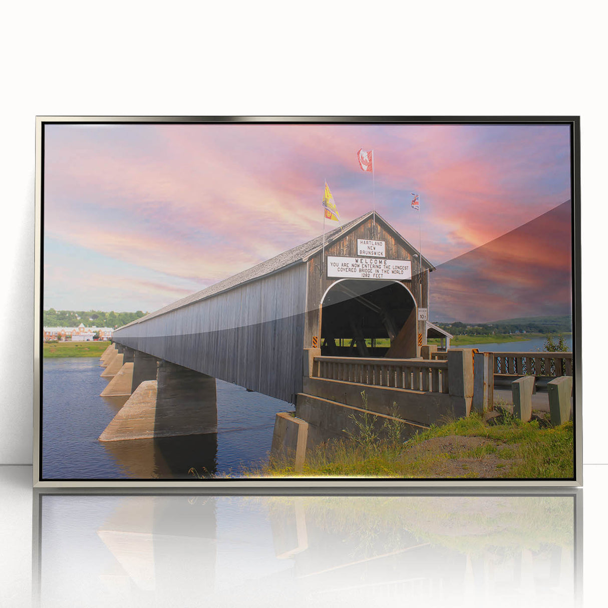 Mid-century modernist art featuring a covered bridge in muted earth tones on a framed acrylic print.