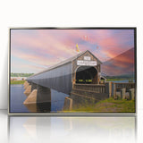 Mid-century modernist art featuring a covered bridge in muted earth tones on a framed acrylic print.