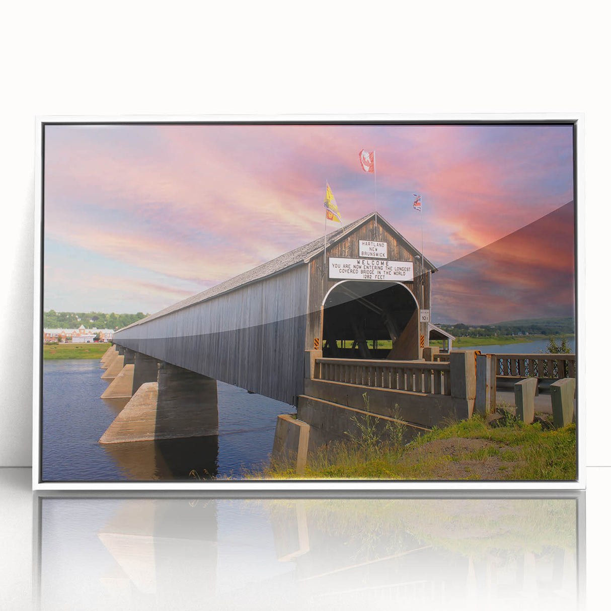 Art deco poster of a covered bridge in muted earth tones, framed in white acrylic, suitable for nursery wall art.