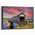 Black and white framed canvas of a vintage-style covered bridge, ideal for bedroom wall decor.