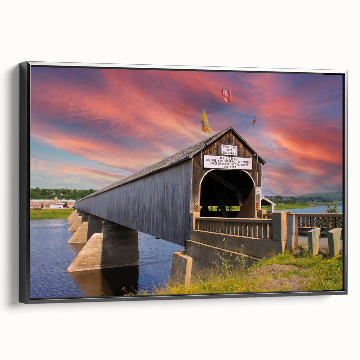 Black and white framed canvas of a vintage-style covered bridge, ideal for bedroom wall decor.