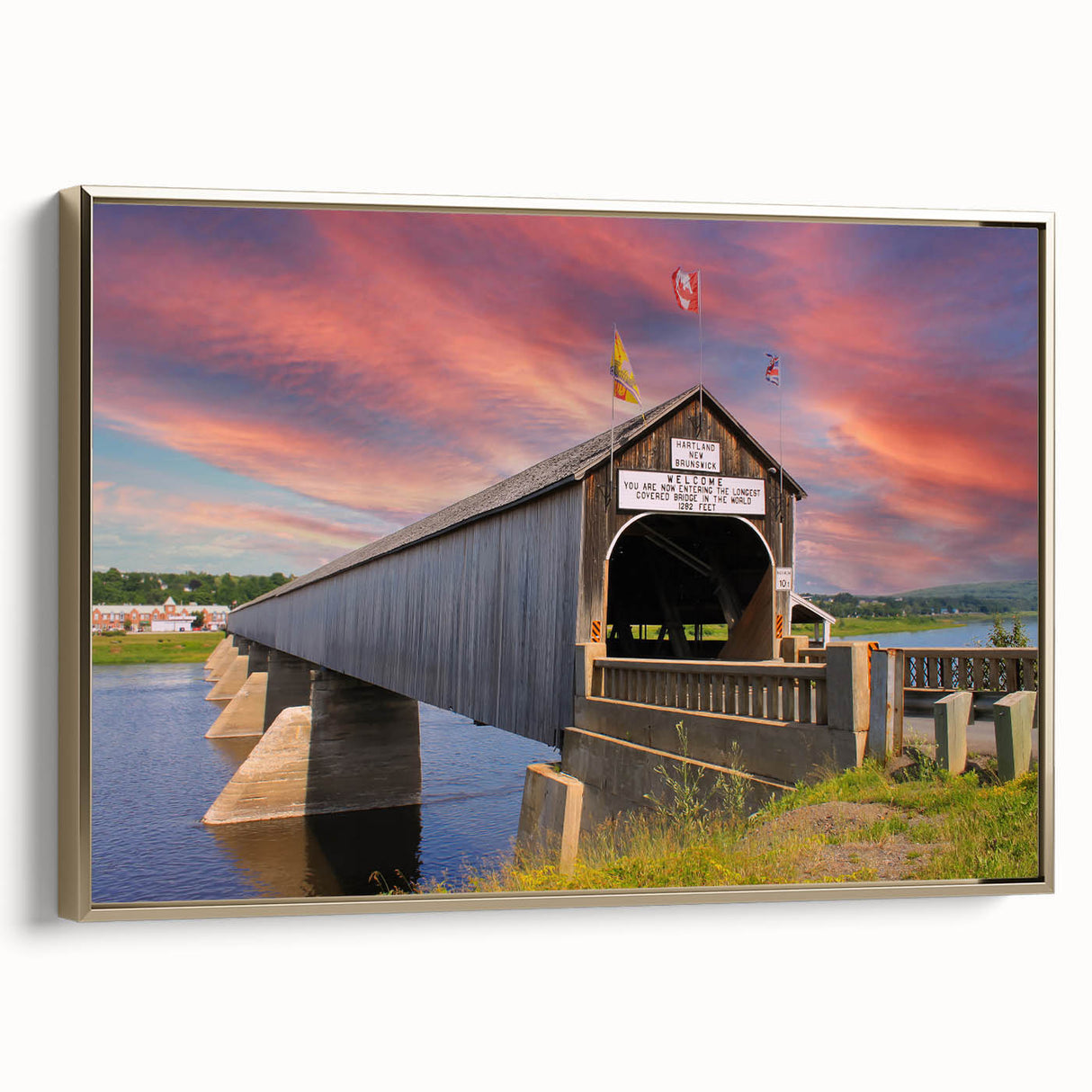 Framed canvas depicting a vintage-style landscape with a covered bridge in muted earth tones, suitable for bedroom wall art.