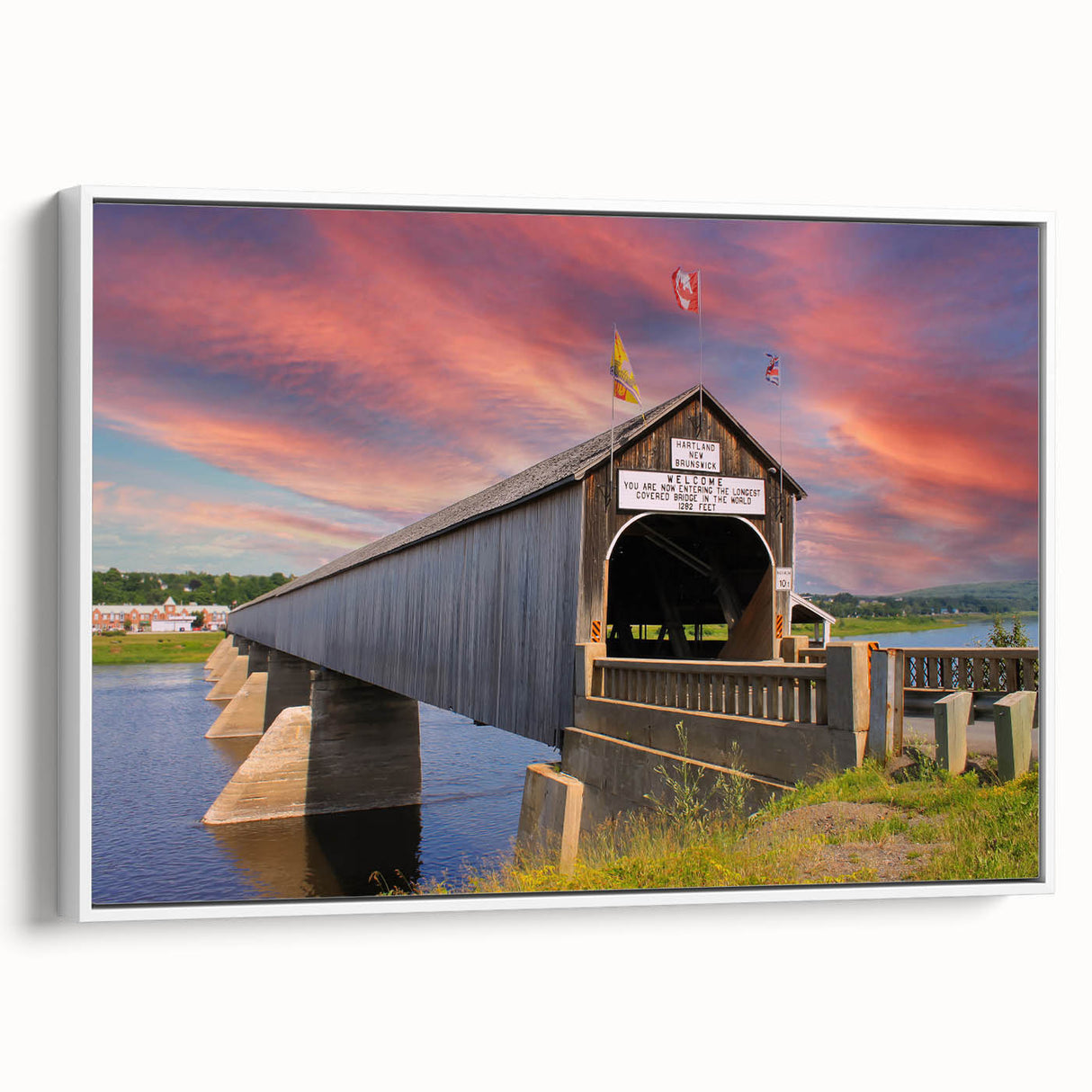 Vintage poster art of a covered bridge in muted tones on a framed canvas, ideal for living room decor.
