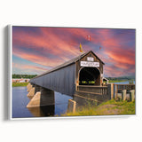 Vintage poster art of a covered bridge in muted tones on a framed canvas, ideal for living room decor.