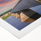 Art Deco poster featuring a covered bridge in muted earth tones on rolled canvas, suitable for dining room decor.
